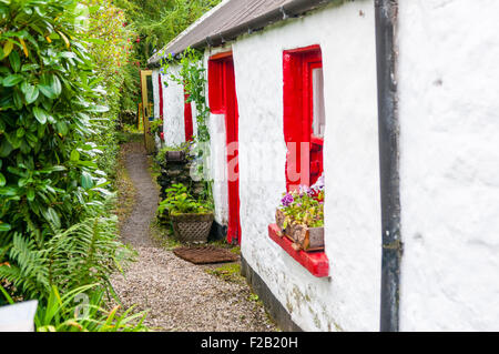 Ein traditionelles weiß getünchten Irish Cottage mit einem schmalen Pfad an der Front. Stockfoto