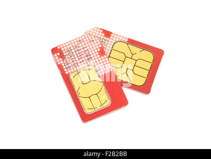 zwei SIM-Karten, die isoliert auf weißem Hintergrund Stockfoto