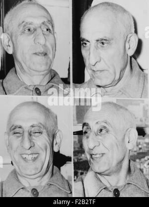 Iranischen premier Mohammed Mossadegh im August 1953. 1952 erhielt er Notstandsgesetze, mit denen er die Monarchie Befugnisse beschränkt. Er Schnitt den Schah Budget; Shah, kommunizieren mit ausländischen Diplomaten zu verbieten; Königliche Ländereien übertragen an den Staat zurück; und der Schah Schwester, Ashraf Pahlavi vertrieben. (CSU 2015 8 507) Stockfoto