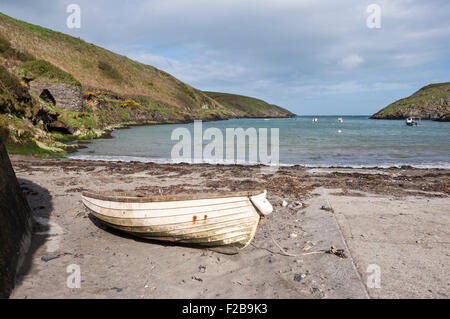 Kleines Boot an den Strand zu Abercastle auf der Küste von Pembrokeshire, Westwales. Stockfoto