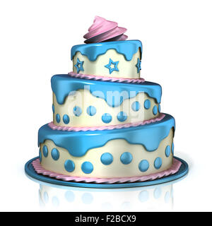 Drei Etagen Kuchen 3D-Rendering isoliert auf weißem Hintergrund. Blau, rosa und weiß Creme Stockfoto