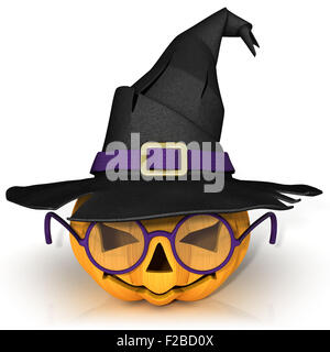 Lustige Jack O Lantern. Halloween-Kürbis mit lila Brille, tragen ein Hexenhut. Isoliert auf weißem Hintergrund. Stockfoto