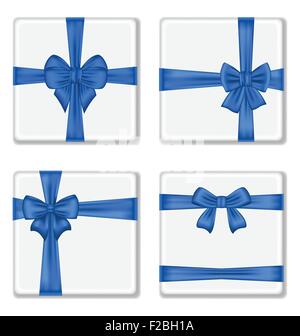 Set von Geschenk-Boxen mit blauen Bögen isoliert auf weißem Hintergrund Stock Vektor