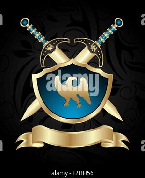 mittelalterliche Schwerter und Goldener Schild Stock Vektor