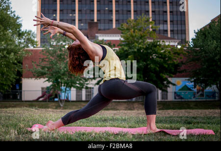 Attraktive junge Frau praktizieren Yoga im Park (Krieger) Stockfoto