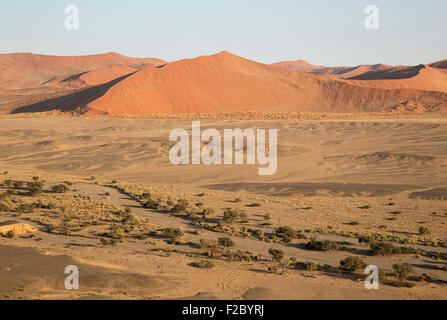 Trockenen Ebenen und trockenen Flussbett des Tsauchab River am Rande der Namib-Wüste, asphaltierten Verbindungsstraße Sesriem und Stockfoto