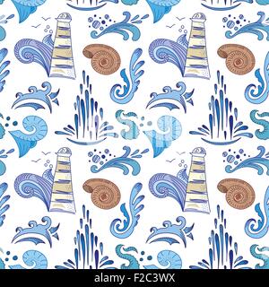 Nahtloses Reisen Doodle Stil Hintergrund mit kreativen Wasserwellen, Tropfen und Leuchtturm für Kinderzimmer textilen und Tapeten Stock Vektor