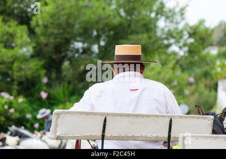 Mann mit Cordobes Hut und Tracht auf Pferdekutsche von hinten, während der Feria von Mijas Andalusien, Spanien. Stockfoto