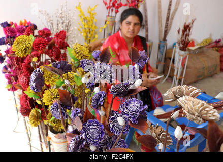 Srinagar, Kaschmir. 16. September 2015. Der 10. regionale "Verkauf von Artikeln des ländlichen Handwerker Gesellschaft (SARAS) Mela im Kaschmir Haat Center in Sommerhauptstadt in Srinagar Indien kontrollierten Kaschmir. SARAS Mela Display Hauptprodukte von 19 US-Bundesstaaten von Indien verstärkt auch darüber hinaus diese Mela oben mit Selbsthilfegruppen aus den 22 Bezirken von Jammu und Kaschmir/Kamran Raashid Bhat. Bildnachweis: Kamran Raashid Bhat Bhat/Alamy Live-Nachrichten Stockfoto