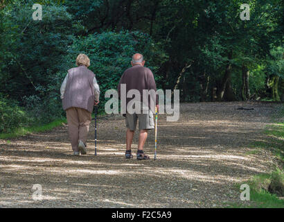 Ältere Paare gehen in den New Forest, Hampshire, England, Großbritannien Stockfoto