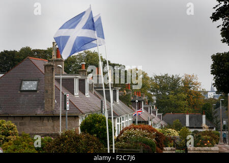 Schottland: Referendum-Anschluß-Markierungsfahne und schottischen Solitär fliegen an der Queensview Street, Aberdeen. Stockfoto