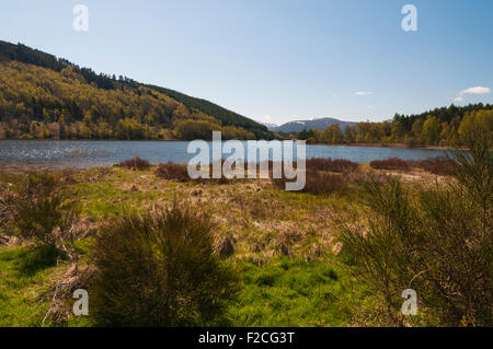 Blick über Loch Pityoulish mit Carn Eilrig und Braeriach im Hintergrund Stockfoto