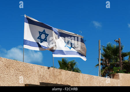 Tel Aviv, Israel: Zwei wehenden Fahnen von Israel. Die Flagge wurde am 28. Oktober 1948, fünf Monate nach der Gründung des Staates Israel Stockfoto