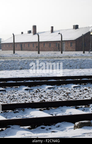 Zuggleisen ehemalige Konzentrationslager Auschwitz-Birkenau II, Oświęcim Polen im Januar Stockfoto