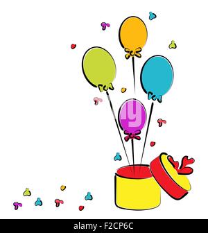 Offenen Geschenkbox mit Luftballons für Ihren Geburtstag, bunte Skizze Stock Vektor