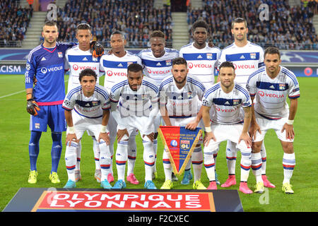 Ghelamco Arena, Gent, Belgien. 16. Sep, 2015. Champions League Fußball. KAA Gent vs. Lyon. Anthony Lopes (Ol) - Mapou Yanga-Mbiwa (Ol) - JEREMY MOREL (Ol) - Rafael (Ol) - Samuel Umtiti (Ol) - Corentin Tolisso (Ol) - Jordan Ferri (Ol) - Mathieu Valbuena (Ol) - Maxime Gonalons (Ol) - Claudio Beauvue (Ol) - Alexandre Lacazette (Ol) - Foto d ' Equipe Credit: Action Plus Sport/Alamy Live News Stockfoto