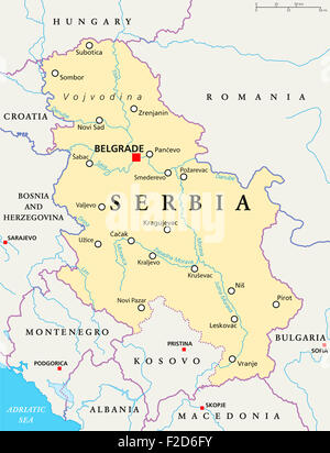 Serbiens politische Karte mit Hauptstadt Belgrad, Landesgrenzen, wichtige Städte, Flüsse und Seen. Englische Beschriftung und Skalierung. Stockfoto