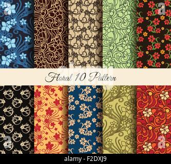 Florale Vektor Musterdesigns Set. 10 bunte Blume mühelos Tapeten. Keine Farbverläufe verwendet. Stock Vektor