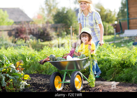 Gärtner Frau drücken Schubkarre mit Kind Tochter und Gemüse im sonnigen Tag Stockfoto