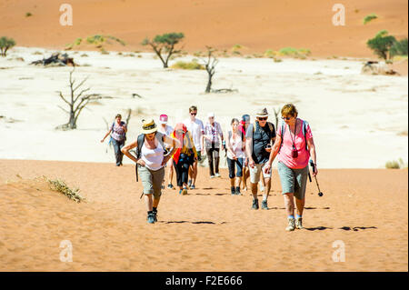 Menschen zu Fuß durch das Deadvlei Pan und seine berühmten Kameldornbäume in Sossusvlei, Namibia, Afrika Stockfoto