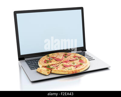 3D Renderer Bild. Laptop und Essen. Online- und Internet-Food-Lieferung-Konzept auf weißem Hintergrund Stockfoto