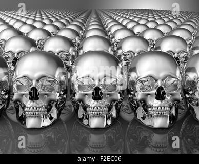 viele Metalle Schädel auf dunklem Hintergrund mit Beschneidungspfad isoliert. Stockfoto