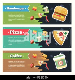 Vektor Konzept-Fast-Food-flache Banner-Set. Flayer, Poster. Kaffee, Pizza, Hamburger, Pommes Frites und Brathähnchen. Stock Vektor