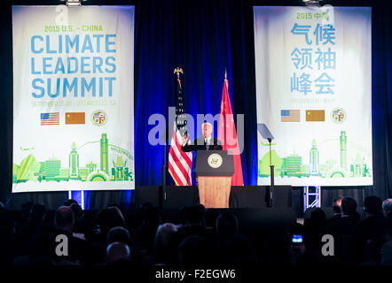 Los Angeles, USA. 16. Sep, 2015. US-Vizepräsident Joe Biden befasst sich mit die Abschlussveranstaltung der China-US Climate Leaders Summit in Los Angeles, USA, am 16. September 2015. © Zhang Chaoqun/Xinhua/Alamy Live-Nachrichten Stockfoto