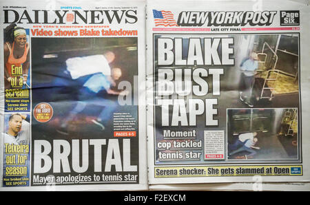 Die New York Post und die New York Daily News Zeitungen auf Samstag, 12. September 2015 berichten über die Freigabe der Überwachung Band des Tennisspielers James Blake von NYPD Offizier James Frascatore im Fall einer falschen Identifizierung und die unrechtmäßige Verhaftung zu Boden geschlagen wird. (© Richard B. Levine) Stockfoto