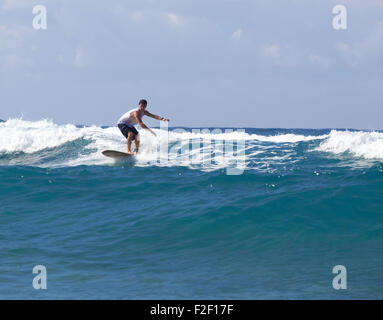 Surfer auf Longboard reitet eine schöne blaue Welle im Meer. Stockfoto