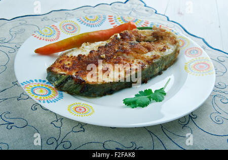 Südafrikanische Fisch - Pfanne gebraten Knoblauch Kingklip Stockfoto