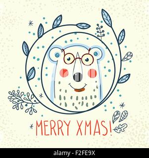 Eisbär-Hipster in einem Kranz von Hand gezeichnet Stock Vektor