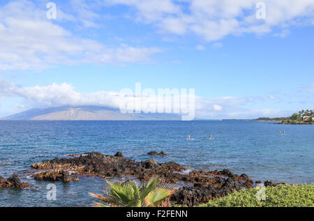 Stand-up Paddle Boarder erkunden Meer Wailea Beach auf Maui, gesehen vom Strand Weg in Wailea Stockfoto