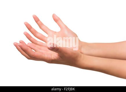 Öffnen Sie die Hand einer Frau, Handfläche nach oben. Stockfoto