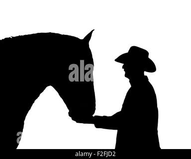 Silhouette von ein Mann und sein Pferd in schwarz / weiß Stockfoto