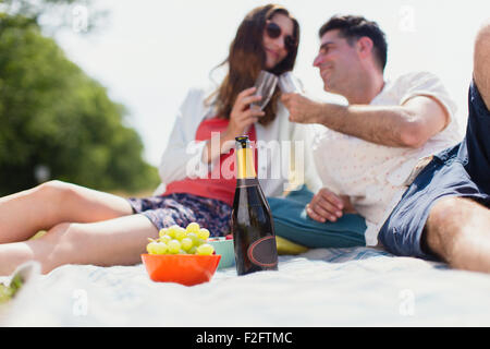 Paar, toasten, Champagner-Gläser auf der Picknickdecke Stockfoto