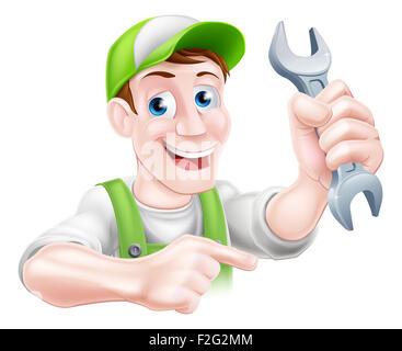 Ein glückliches Cartoon Klempner oder Mechaniker Mann halten ein Schraubenschlüssel oder Schraubenschlüssel und zeigen Stockfoto