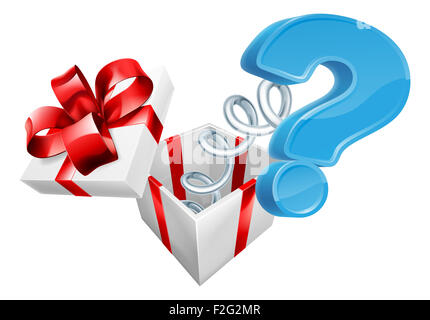 Eine Buchse im Feld mit einem Fragezeichen Zeichen Symbol herausspringende auf einer Feder Stockfoto