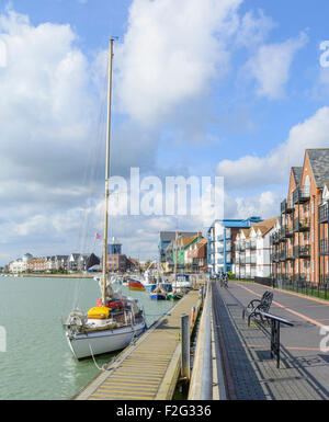 Riverside Gehäuse und Leinpfad entlang des Flusses Arun, Littlehampton, West Sussex, England, UK. Porträt. Vertikale. Stockfoto