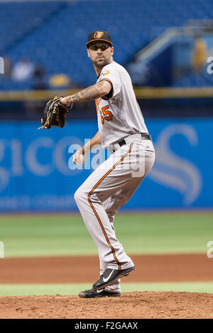 St. Petersburg, FL, USA. 17. September 2015. Baltimore Orioles Relief Pitcher Chaz Roe #65 werfen einen Stellplatz im 6. Inning seines Spiels mit den Tampa Bay im Tropicana Field in St. Petersburg, FL. Credit Bild: Del Mecum CSM/Alamy Live News Stockfoto