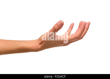 Öffnen Sie die Hand einer Frau, Handfläche nach oben. Stockfoto