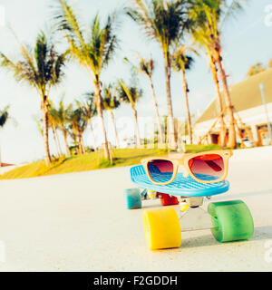 Sonnenbrille auf dem blauen Penny Board mit bunten Rädern steht auf der Strecke vor den Palmen Stockfoto