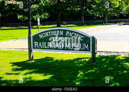 Northern Pacific Depot Railroad Museum Zeichen in der historischen Stadt von Wallace und im Silver Valley Bergbau Bezirk von Idah Stockfoto