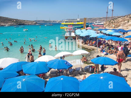 Besucher-Publikum, das klare türkisfarbene Wasser in der blauen Lagune unter Sonnenschirmen an einem sonnigen Tag im September zu genießen. Stockfoto