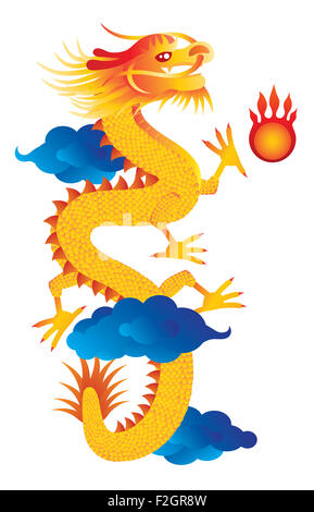 Chinese Lunar New Year Drache mit Flaming Pearl auf Wolken isoliert auf weißem Hintergrund Farbe Abbildung Stockfoto