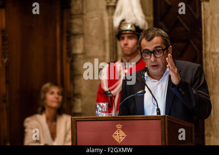 Barcelona, Spanien. 18. September 2015: ANDREU BUENAFUENTE, katalanische Komiker und Moderator, hält die Eröffnungsrede für das "Merce 2015" im Rathaus Barcelonas Credit: Matthi/Alamy Live-Nachrichten Stockfoto