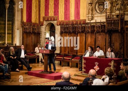 Barcelona, Spanien. 18. September 2015: ANDREU BUENAFUENTE, katalanische Komiker und Moderator, hält die Eröffnungsrede für das "Merce 2015" im Rathaus Barcelonas Credit: Matthi/Alamy Live-Nachrichten Stockfoto