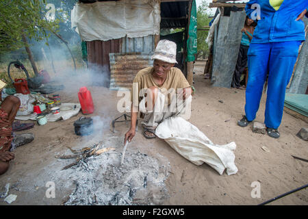 Buschmänner oder San Leute, die Zubereitung von Speisen in Botswana, Afrika Stockfoto