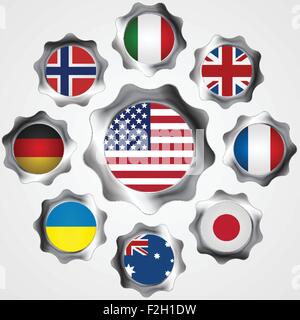 Einfluss der USA. Metallgetriebe und Fahnen. Vektor-Hintergrund Stock Vektor