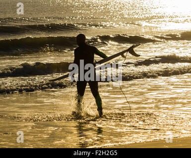 Seaton Carew, UK. 19. September 2015. Wetter: Surfer unterwegs kurz nach Sonnenaufgang am Strand von Seaton Carew Stockfoto